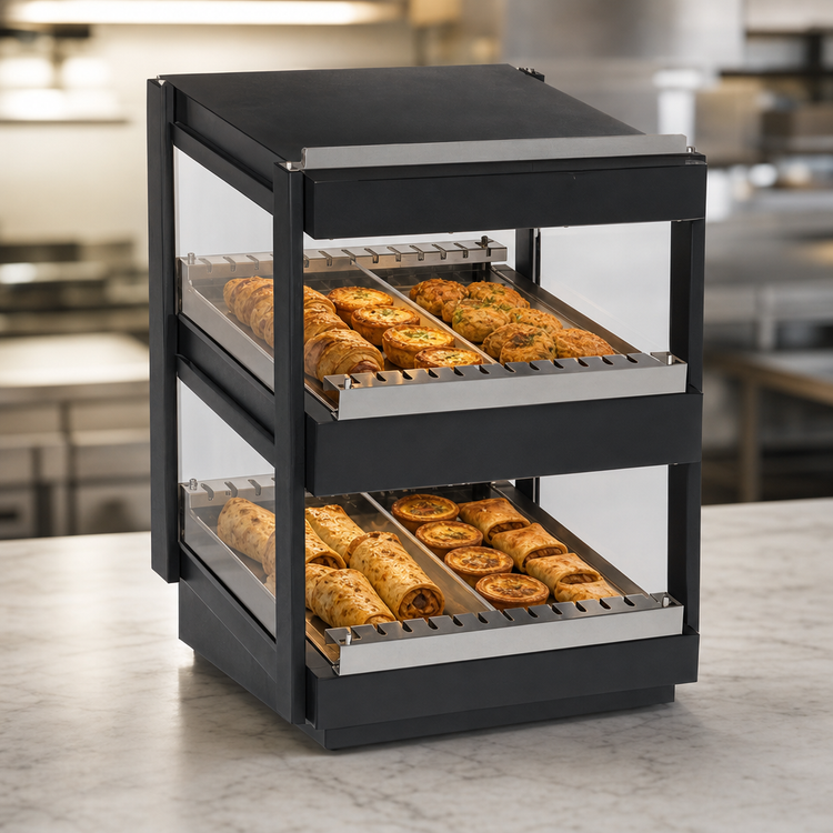 Product image #3 for Nemco 36-Inch Heated Countertop Shelf Merchandiser with Dual Slanted Shelves, Black