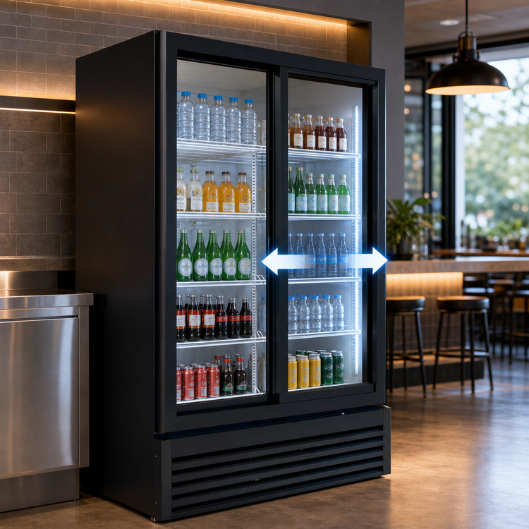 Product image #3 for Beverage Air Marketeer Two-Section Reach-In Glass Door Merchandiser Refrigerator, Sliding Doors, 41.66 Cu. Ft., Bottom-Mount, Black