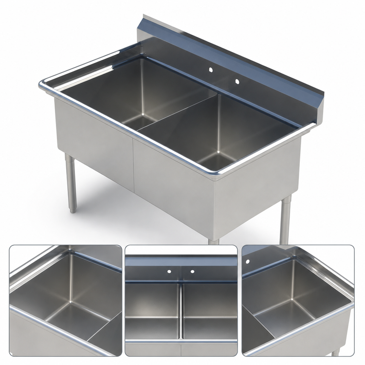 Product image #3 for Sapphire Manufacturing SMS2424-2 53-Inch Two-Compartment Stainless Steel Sink with Backsplash, Faucet Holes, and Legs