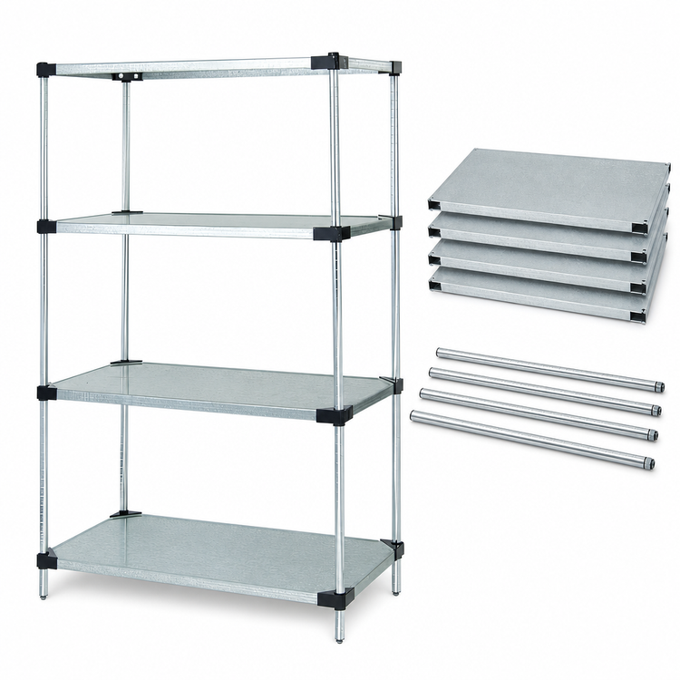 Product image #3 for Quantum Stationary Solid Shelving Starter Kit, 60"W x 24"D x 54"H, 4 Shelves, Galvanized Steel/Chrome Posts