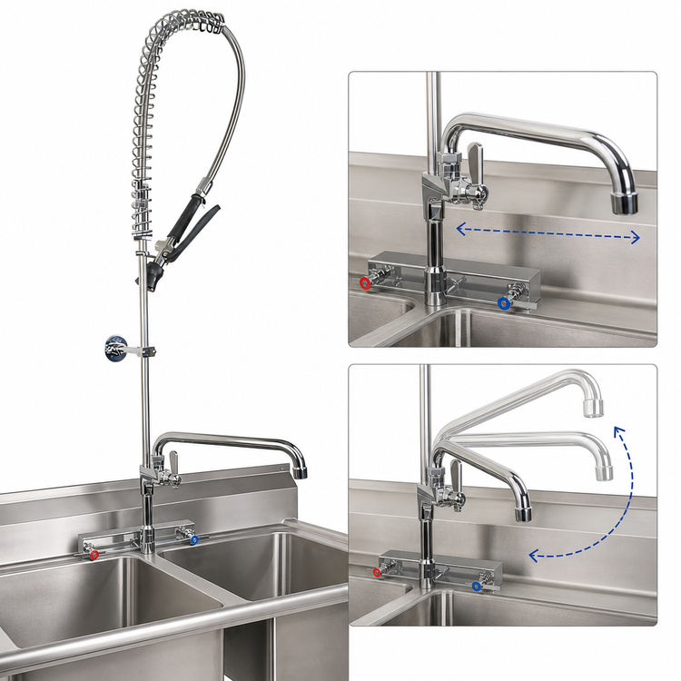 Product image #3 for BK Resources Evolution Lead-Free Splash-Mount Pre-Rinse Assembly with Add-On Faucet and 12-Inch Swing Spout