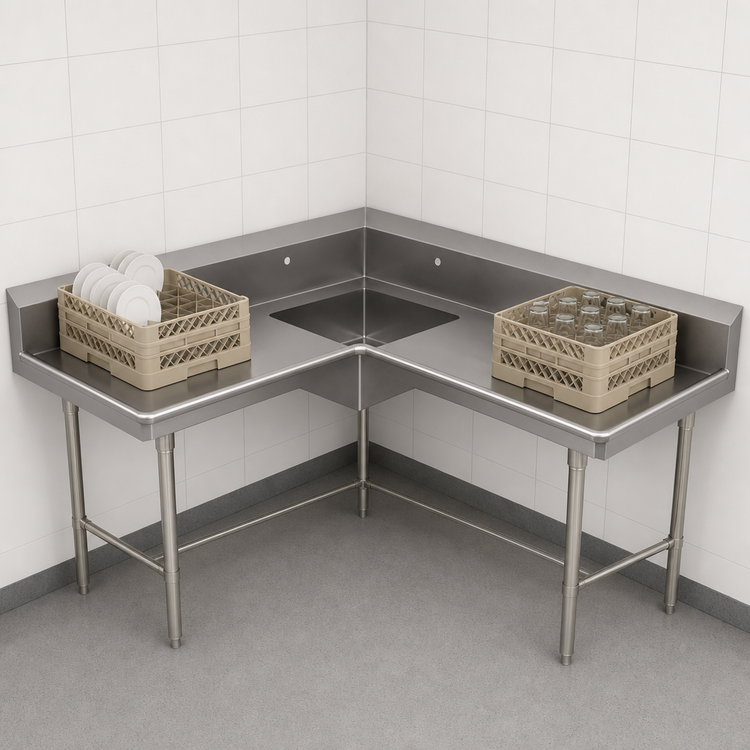 Product image #3 for BK Resources L-Shaped Corner Soiled Dishtable, 60 x 60 Inches, Right-to-Left Operation, 20 x 20 x 8 Bowl
