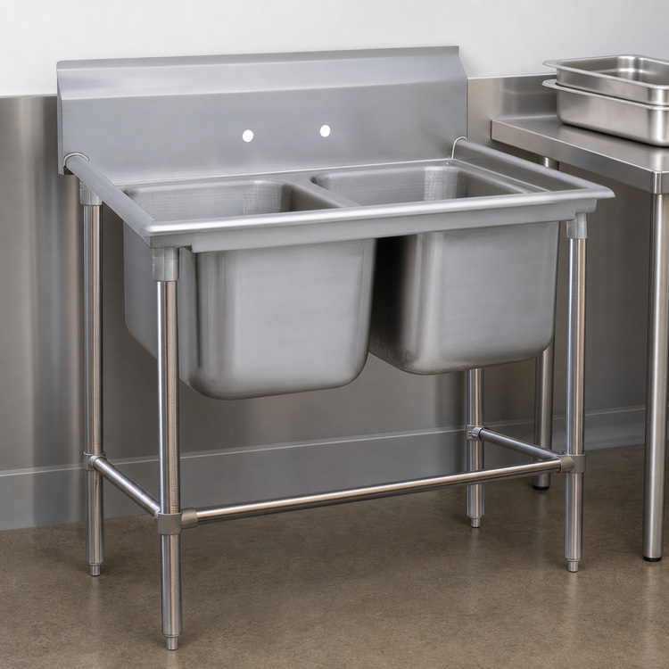Product image #3 for Advance Tabco Regaline 2-Compartment Stainless Steel Sink with 20 x 28 Inch Bowls and 11 Inch Splash