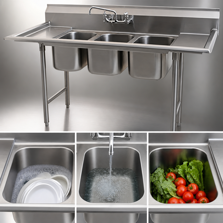 Product image #3 for 3-Compartment Convenience Store Sink with 12-In. Left and Right Drainboards, 60W x 21D, 304 Stainless Steel