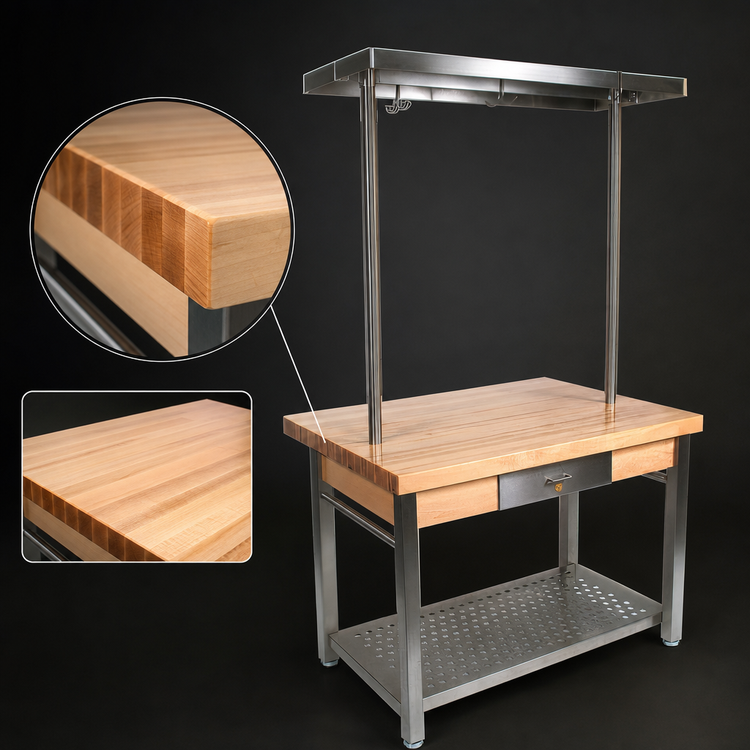 Product image #4 for John Boos Cucina Grande 48-Inch Maple Wood Top Work Table with Pot Rack, Drawer, Towel Bars and Locking Casters