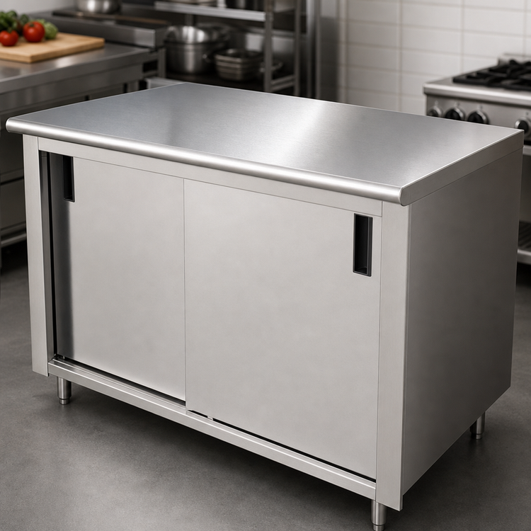 Product image #3 for Advance Tabco Special Value Series Enclosed Work Table with Sliding Door Cabinet Base, 48" x 30", 16-Gauge 304 Stainless Steel Top
