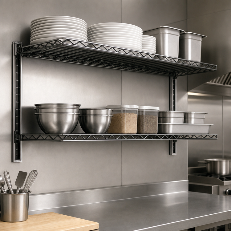 Product image #3 for Eagle Group 54 x 12 Inch Stainless Steel Wire Cantilever Shelf with 1-Inch Wraparound Ledge