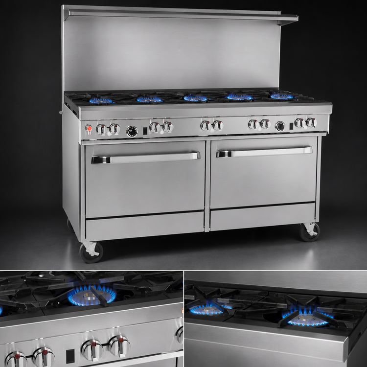 Product image #3 for Ultimate 60-Inch Gas Restaurant Range with 5 Burners, 24-Inch Raised Griddle/Broiler, Convection Oven, and Cabinet Base