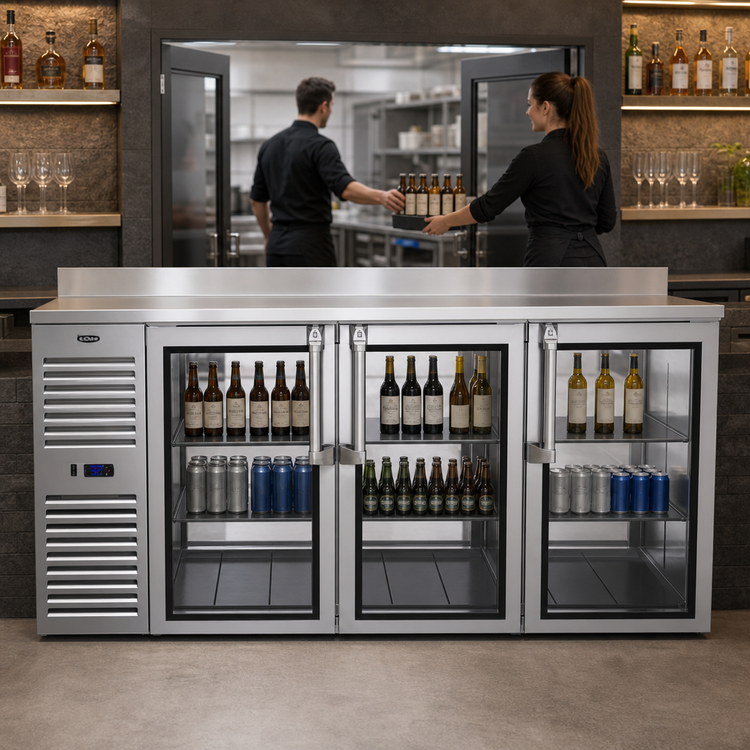 Product image #3 for Krowne Royal Series 72-Inch Pass-Thru Refrigerated Back Bar Cabinet with 6 Hinged Doors, Left-Mounted Self-Contained Refrigeration