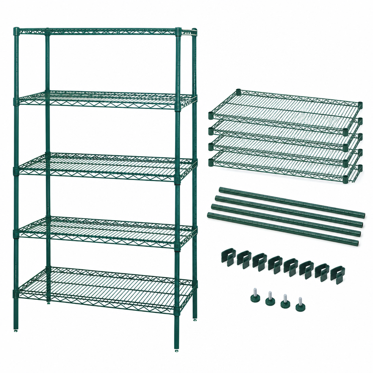 Product image #3 for Quantum 5-Shelf Stationary Wire Shelving Starter Kit, 42W x 18D x 54H, Green Epoxy Coated Finish