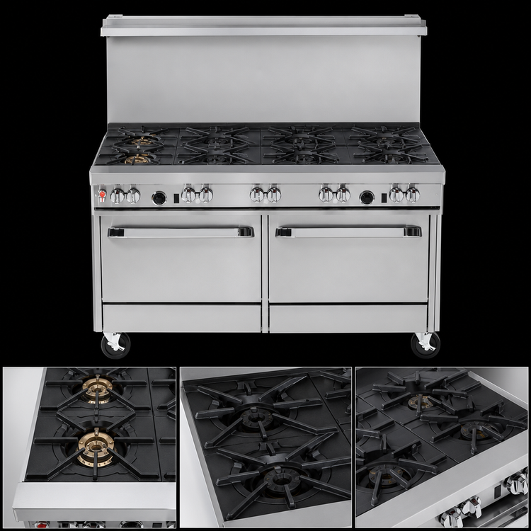 Product image #3 for Ultimate 60-Inch Gas Restaurant Range with 9 Open Burners, Standard Oven, Convection Oven, and Hi-Shelf