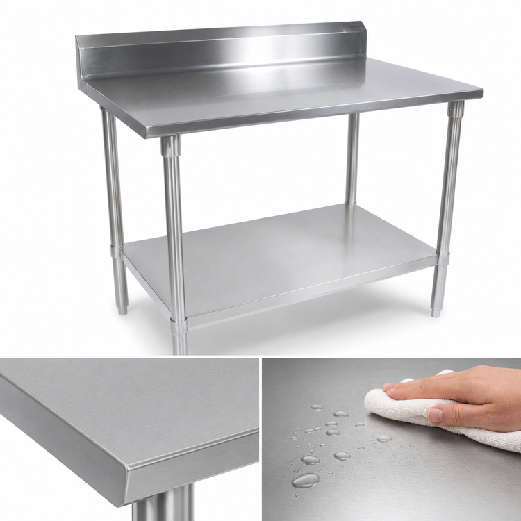 Product image #3 for John Boos Stallion 60" x 36" 14-Gauge 300 Series Stainless Steel Work Table with 5" Backsplash and Undershelf