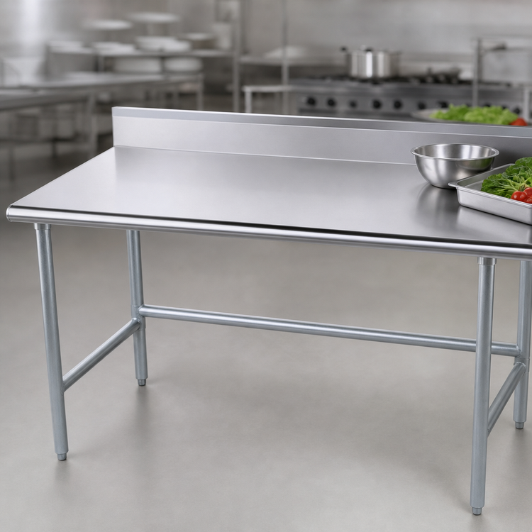 Product image #3 for Advance Tabco 144-Inch x 36-Inch 16-Gauge 304 Stainless Steel Work Table with 5-Inch Backsplash and Galvanized Open Base
