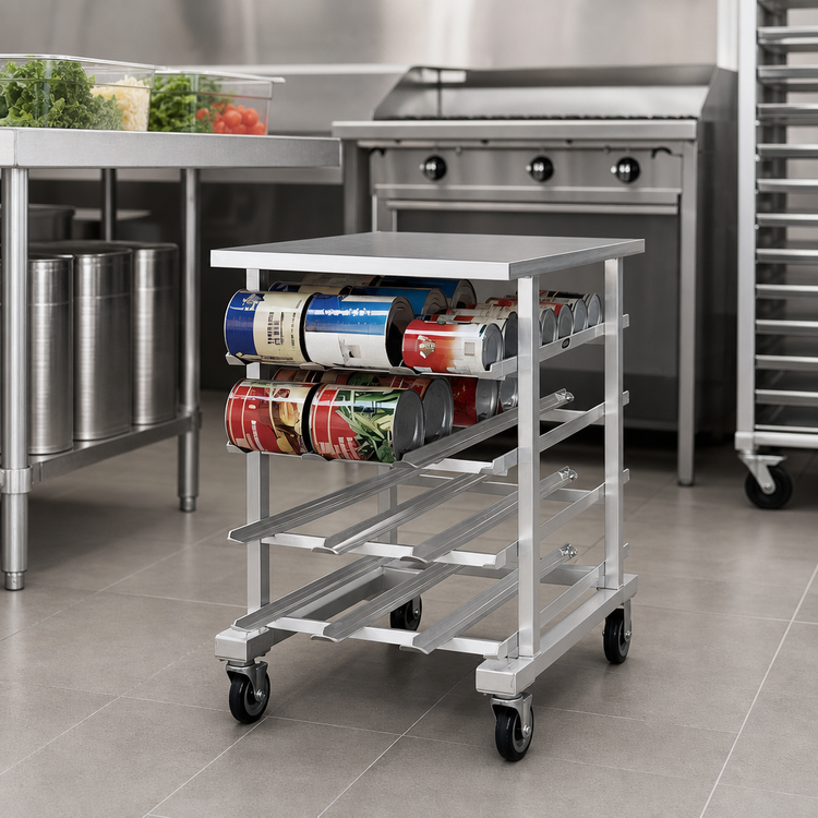 Product image #3 for New Age Mobile Half-Size Aluminum Can Storage Rack with Stainless Steel Top, 72 #10 or 96 #5 Can Capacity