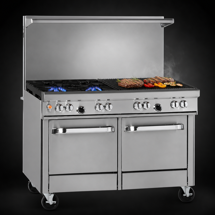 Product image #3 for Southbend Ultimate 48-Inch Gas Restaurant Range with 2 Star/Sauté Burners, 36-Inch Charbroiler, Convection Oven, and Cabinet Base