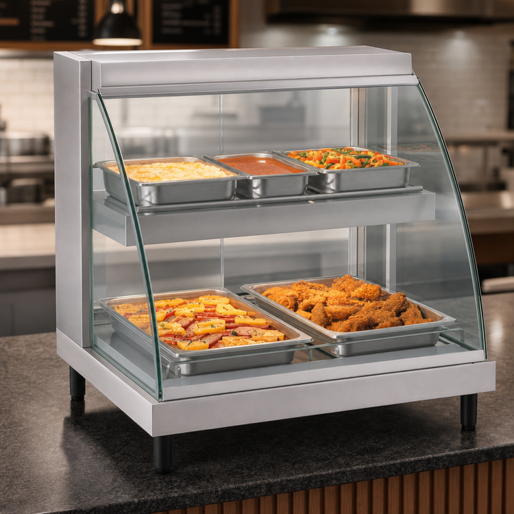 Product image #3 for Hatco Glo-Ray Designer Dual-Shelf Countertop Hot Food Display Case, 2-Pan, Curved Tempered Glass