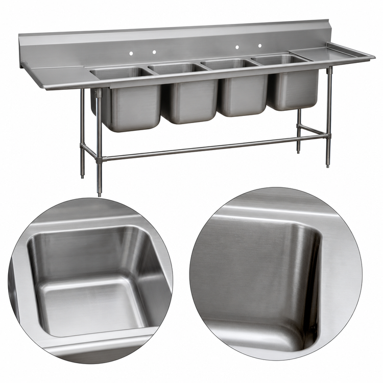 Product image #3 for Advance Tabco Regaline 4-Compartment Stainless Steel Sink with Left and Right Drainboards, 16 x 20 Bowls, 14 Gauge