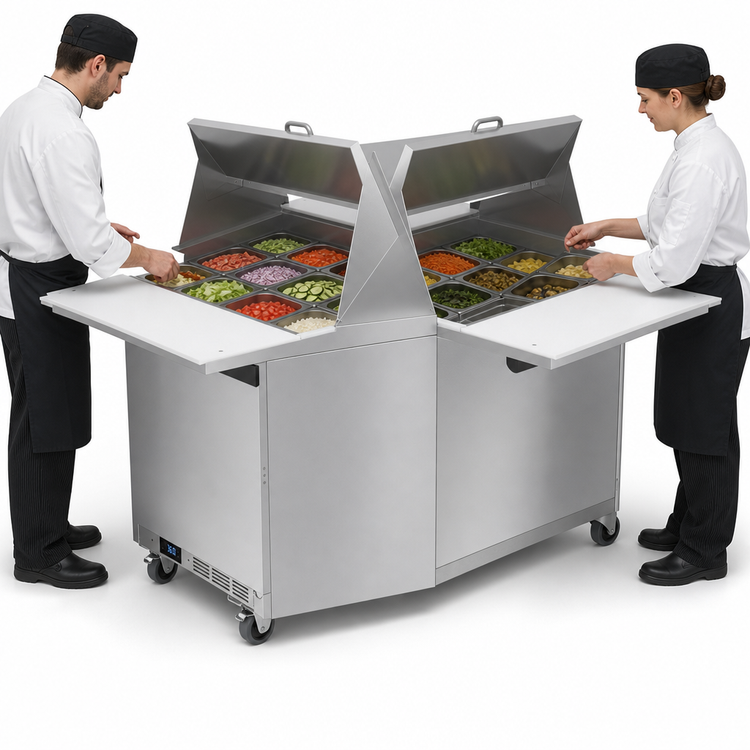 Product image #4 for Beverage-Air Dual-Sided Mega Top Refrigerated Sandwich Prep Table, 27-Inch, 1-Section, 12-Pan