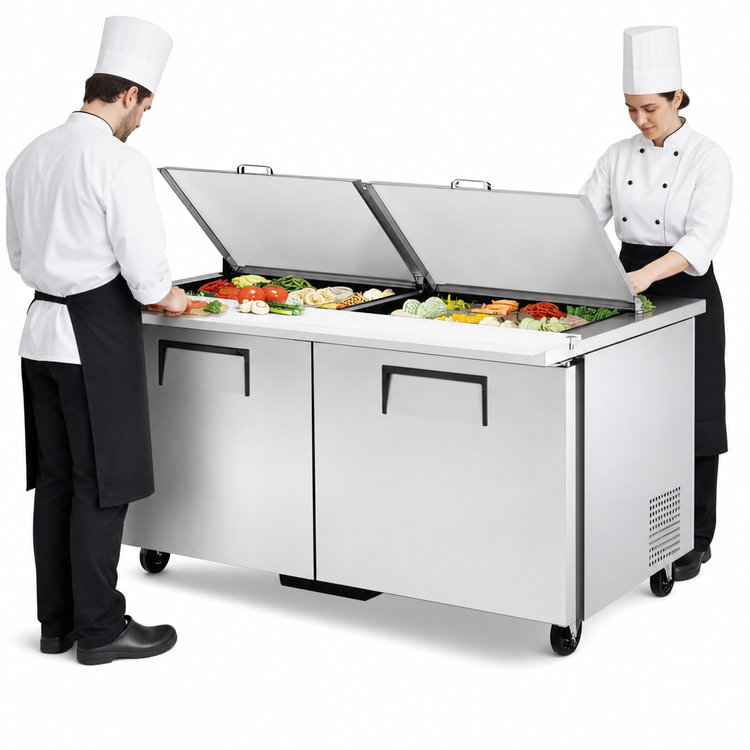 Product image #3 for True Dual-Sided Mega-Top Solid Door Sandwich/Salad Prep Table, 60-3/8 Inches Wide, 2-Section, R290