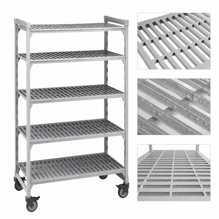 Product image #4 for Cambro Camshelving Premium 24"W x 48"L x 75-1/4"H 5-Tier Vented Mobile Starter Unit, Speckled Gray