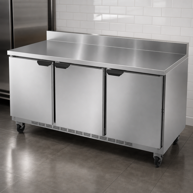Product image #3 for Beverage-Air 72-Inch Three-Section Worktop Refrigerator with Solid Doors and Foamed-In-Place Backsplash