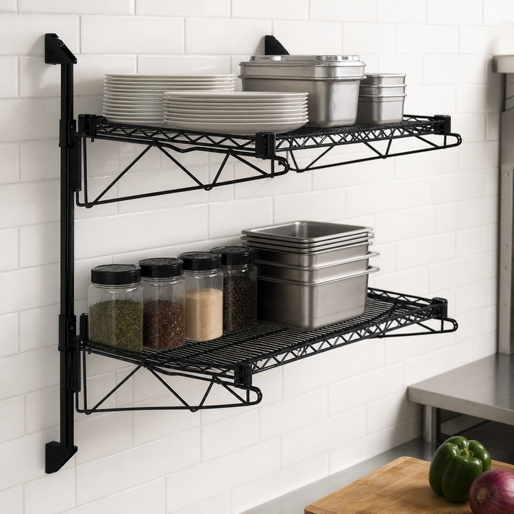 Product image #3 for Quantum Cantilever Double Shelf Wall-Mount Wire Shelving Unit with 2 Shelves, 30 x 18 Inches, Black Epoxy Finish