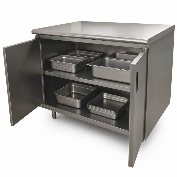 Product image #3 for Advance Tabco Special Value Economy Enclosed Work Table with Cabinet Base, Mid-Shelf and Hinged Doors, 72 x 30 Inch, 16 Gauge 304 Stainless Steel Top