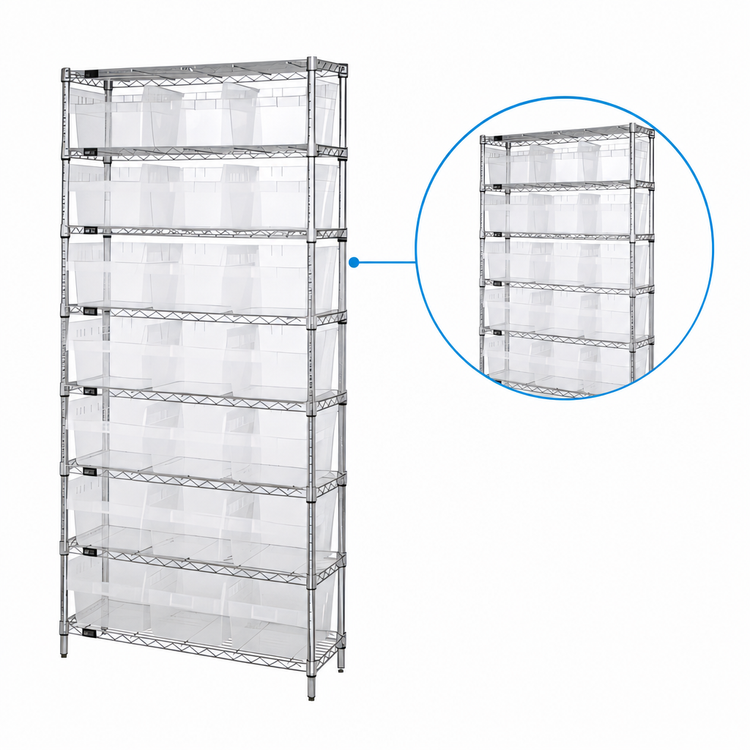 Product image #3 for Quantum 36"W x 24"D x 74"H Chrome Plated Bin Wire Shelving System with 8 Shelves and 21 Clear Bins