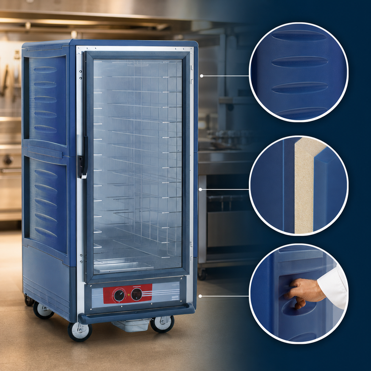 Product image #3 for Metro C5 3 Series Mobile 3/4 Height Heated Holding Cabinet with Blue Insulation Armour, Clear Polycarbonate Door, Fixed Wire Slides