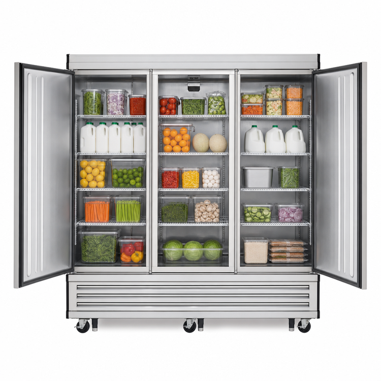 Product image #3 for Everest Refrigeration Three-Section Reach-In Refrigerator, 71 Cu. Ft., 74-3/4 Inches Wide, Bottom-Mounted Self-Contained, Solid Doors