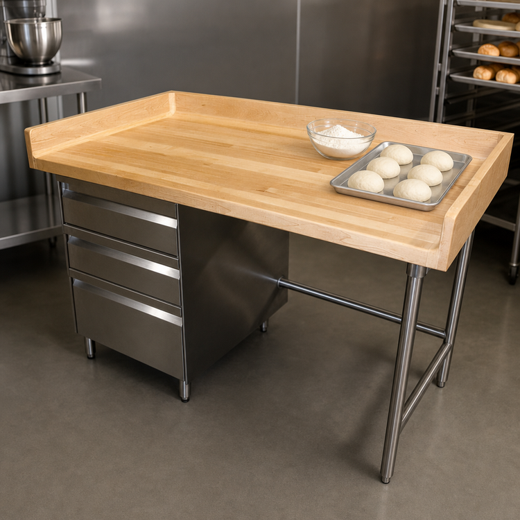 Product image #3 for Advance Tabco 72-Inch x 30-Inch Wood Top Bakers' Work Table with Left Three-Tier Drawers and 4-Inch Splashes
