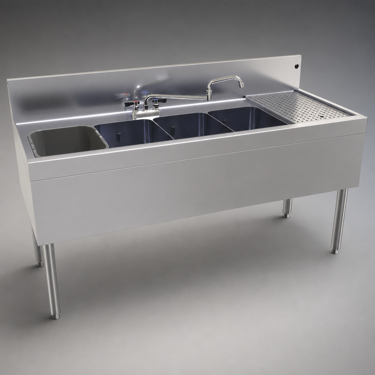 Product image #3 for Glastender Four-Compartment 24-Inch Deep Underbar Sink Unit with Right Drainboard, 60-Inch Wide