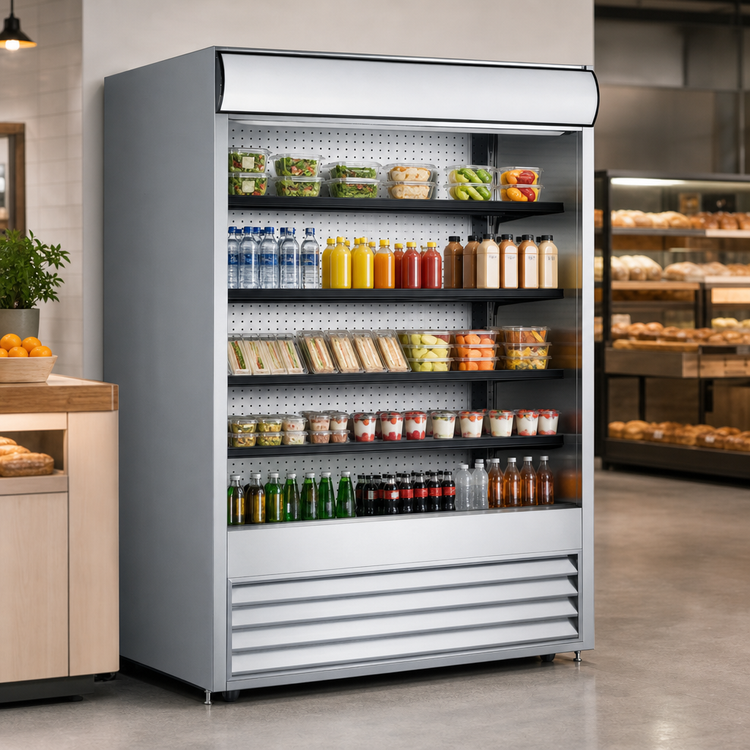 Product image #3 for Omcan 72-Inch Open Refrigerated Floor Display Case, 37 Cu. Ft., Self-Contained, 220V