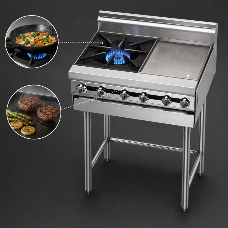 Product image #3 for Titan Heavy Duty 12-Inch Modular Split Top Gas Range Section with 1 Open Burner and 1 Hot Top, Stainless Steel