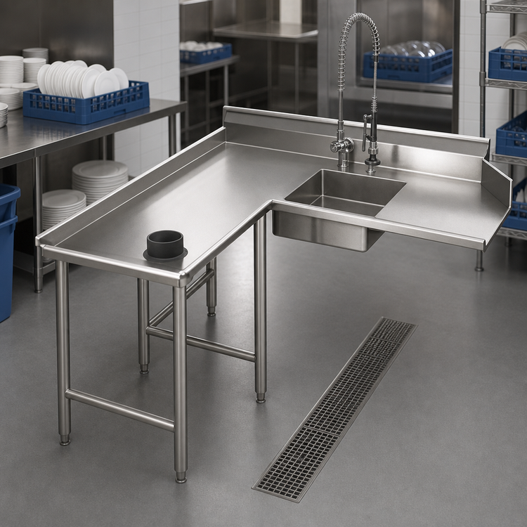Product image #3 for Eagle Group Left-Hand Island Soiled Dishtable with 20 x 20 x 5-Inch Pre-Rinse Sink, 72-Inch Machine-to-Corner x 60-Inch Corner-to-End