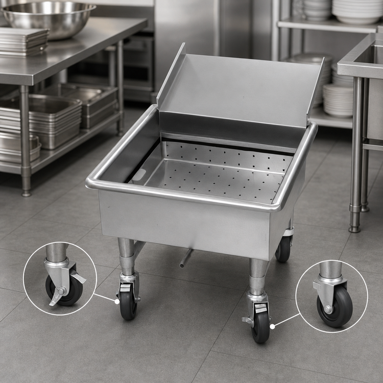 Product image #3 for Eagle Group Mobile Stainless Steel Utensil Soak Sink with Silver Chute, 20 x 20 x 8 Inch Compartment