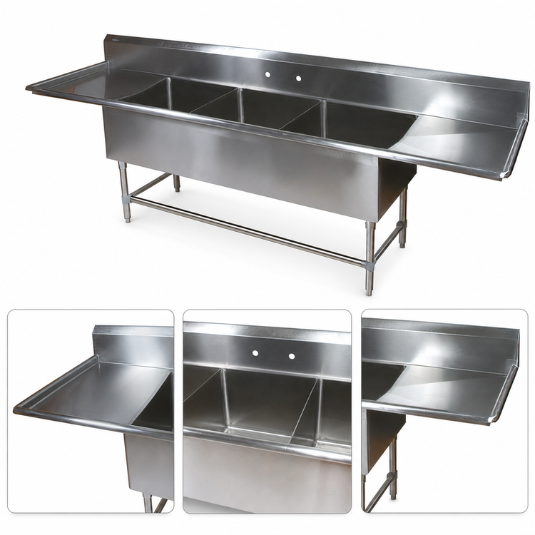 Product image #3 for John Boos Pro-Bowl 3-Compartment Sink with Left and Right Drainboards, 14-Gauge Type 300 Stainless Steel, 87-1/4 Inch Wide