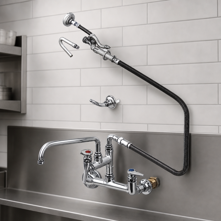 Product image #3 for T&S Brass Wall-Mount Pre-Rinse Mixing Faucet and Spray Assembly with 12-Inch Swing Nozzle, 60-Inch Hose, and 8-Inch Adjustable Centers