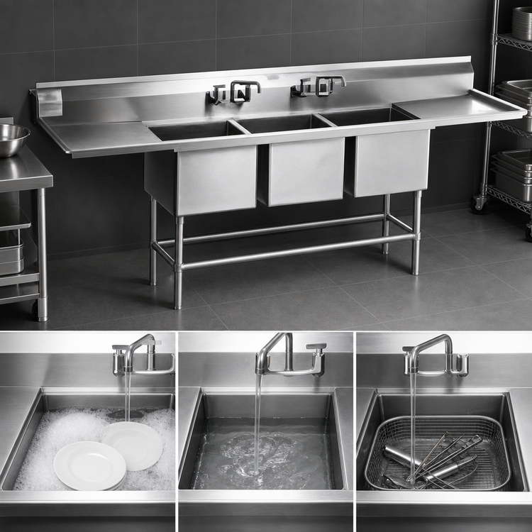 Product image #3 for Eagle Spec-Master FN Series 126-Inch Wide Three-Compartment 14-Gauge 300 Series Stainless Steel Sink with Dual 36-Inch Drainboards