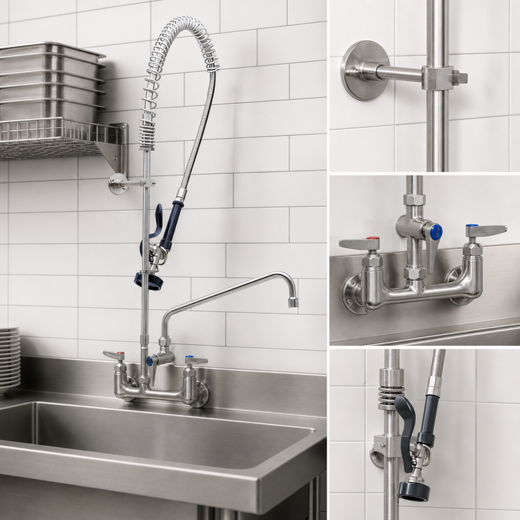Product image #3 for EverSteel 8-Inch Centers Wall-Mount Pre-Rinse Mixing Faucet with 12-Inch Swing Nozzle and 44-Inch Hose