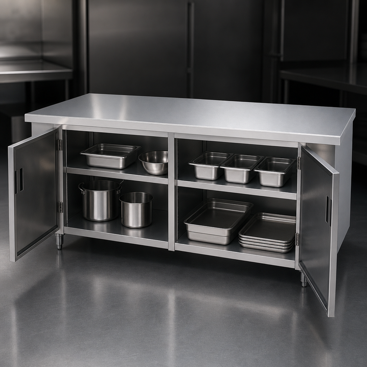 Product image #3 for Advance Tabco Enclosed Work Table with Cabinet Base and Hinged Doors, 60 x 36 Inch, 14-Gauge 304 Stainless Steel Top