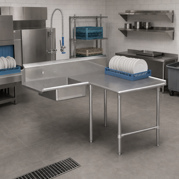 Product image #3 for John Boos Pro-Bowl L-Shaped Island Soiled Dishtable with 20" x 20" Pre-Rinse Sink Bowl, Right-to-Left, 60" Machine-to-Corner x 96" Corner-to-End