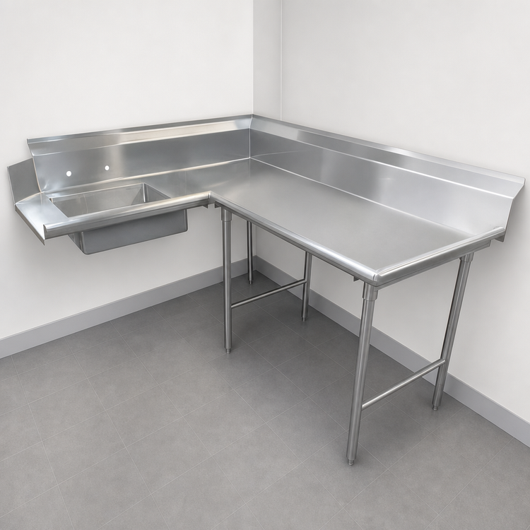 Product image #3 for Klinger's Trading DTS-3084L Corner Soiled Dishtable with 20" x 20" x 5" Pre-Rinse Sink