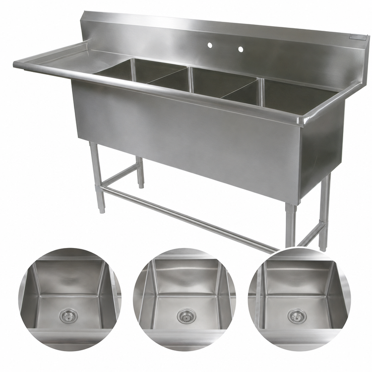 Product image #3 for John Boos Pro-Bowl 3-Compartment Sink with Left Drainboard, 76-3/16" x 29-1/2", 14" Deep Bowls