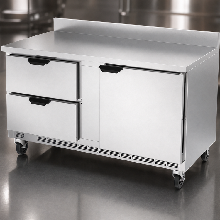 Product image #3 for Beverage-Air 60-Inch Two-Section Worktop Refrigerator with 1 Door, 2 Drawers, and Foamed-In-Place Backsplash