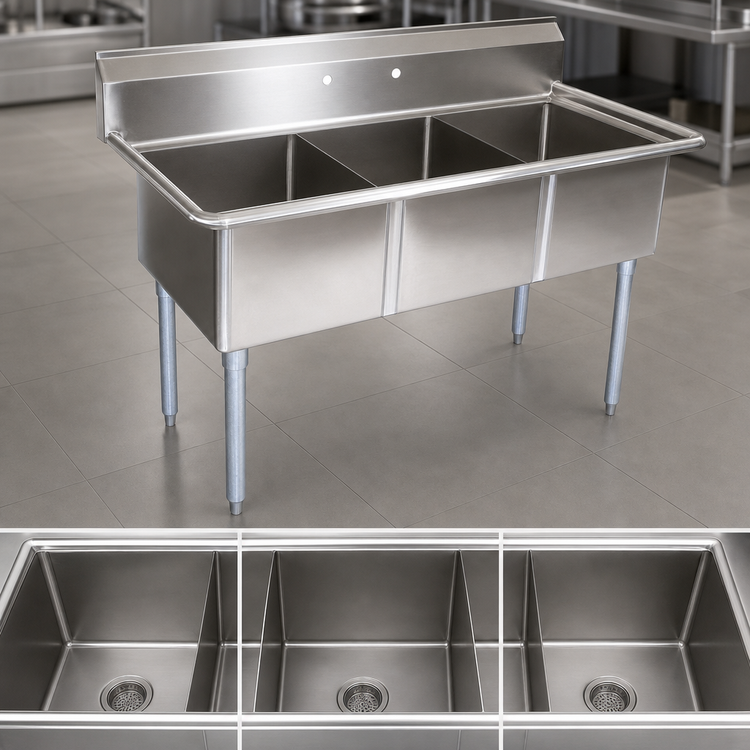 Product image #3 for John Boos E-Series 3-Compartment Stainless Steel Sink with Galvanized Legs, 50 Inch Wide