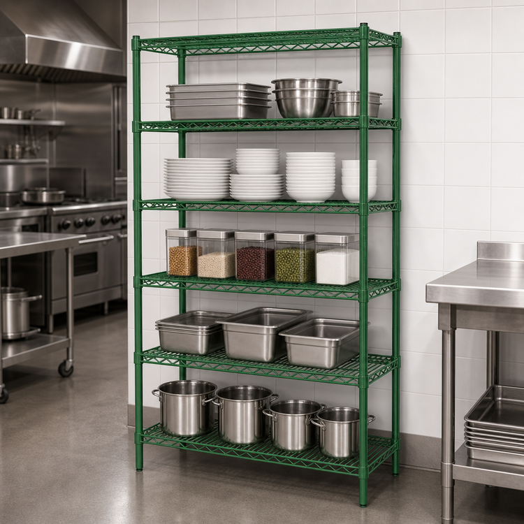 Product image #3 for Steel Works Stainless Heavy Duty 5-Tier Wire Shelving Unit, 72 x 14 Inches, Green Epoxy