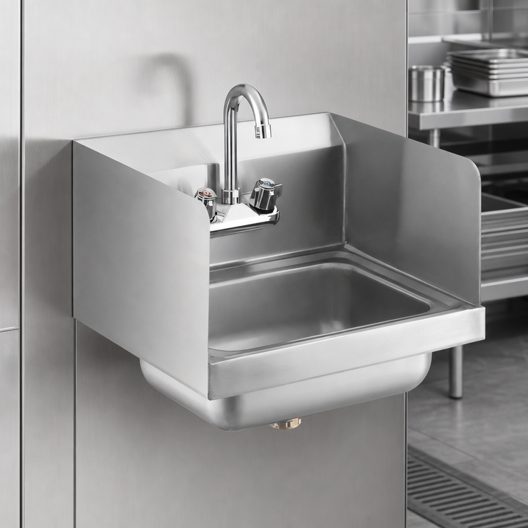 Product image #3 for Steel Works Stainless Wall-Mount Hand Sink with Gooseneck Faucet, Side Splashes, and Drain Basket