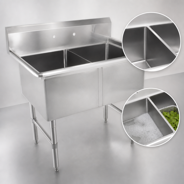Product image #3 for John Boos B Series 2-Compartment Stainless Steel Sink with 16" x 20" x 14" Bowls and Stainless Steel Leg Base