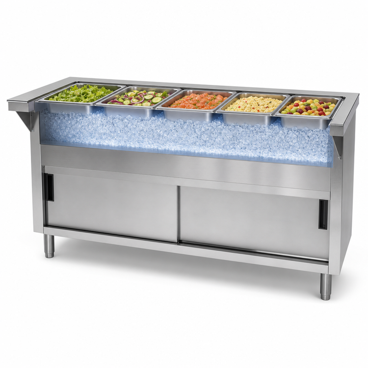 Product image #3 for Advance Tabco Triumph 77-3/4 Inch Wide Ice Cooled Serving Counter with 5-Pan Capacity, Stainless Steel Base and Sliding Doors